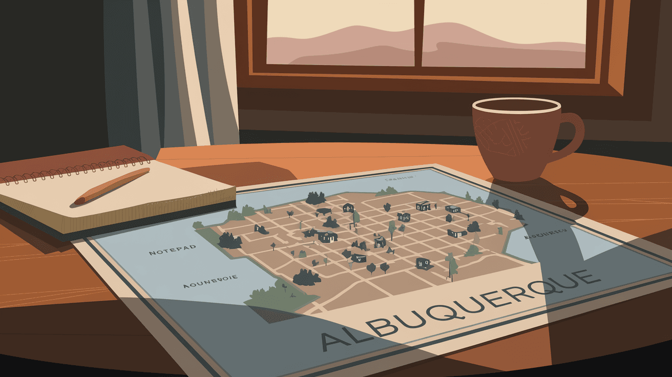 A warm, inviting real estate consultation scene showing a neighborhood map of Albuquerque spread on a table with a notepad and coffee cup, Sandia Mountains visible through a window in soft afternoon light