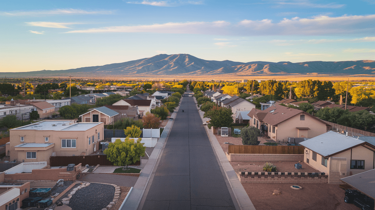 Aerial view of a quiet Southeast Albuquerque residential street lined with single-family homes near Gibson Boulevard, Sandia Mountains visible in the background under a wide New Mexico sky