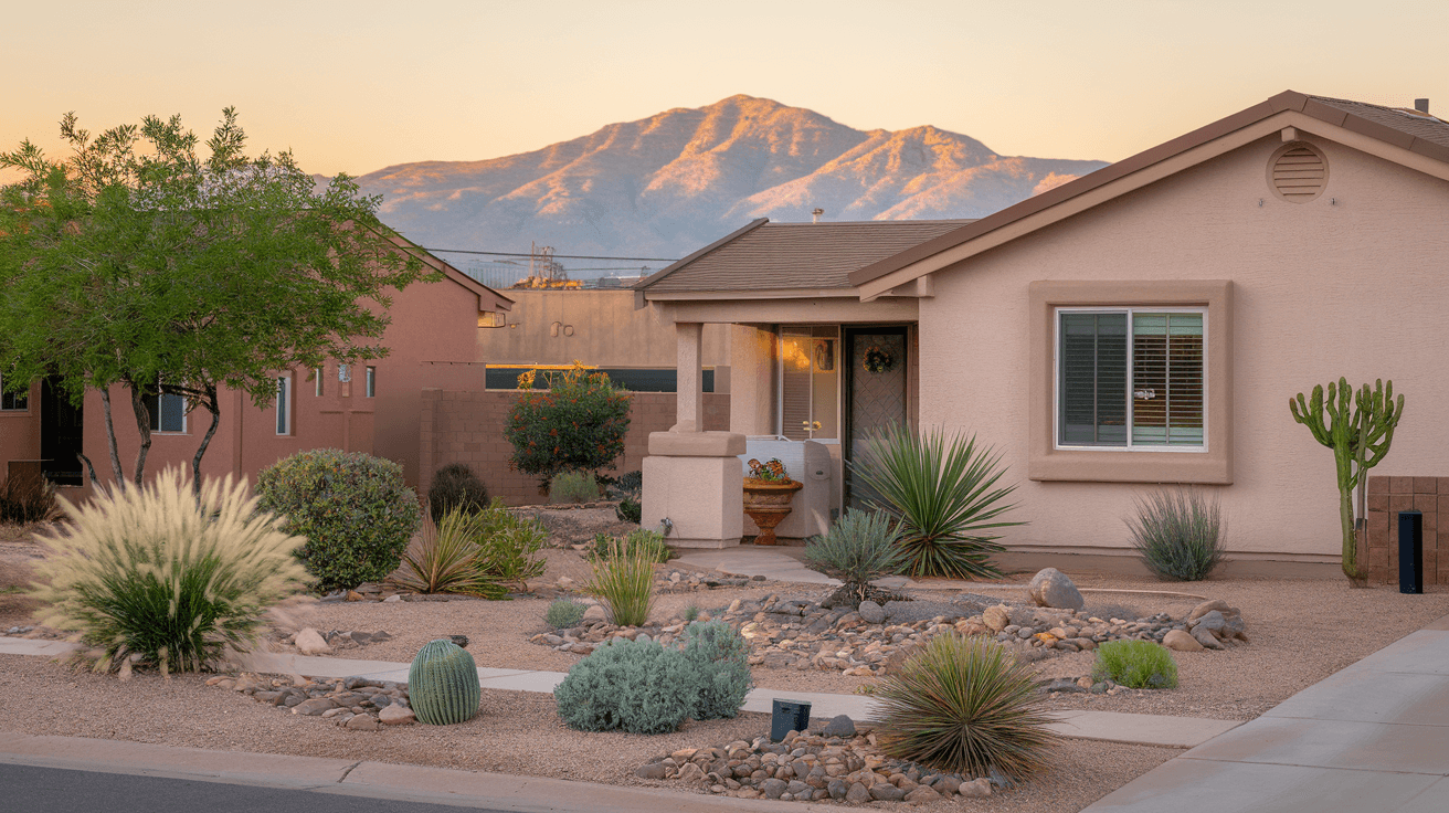 A well-maintained single-family rental home in a Southeast Albuquerque neighborhood with a tidy front yard, desert landscaping with native plants, and the Sandia Mountains glowing at sunset in the distance