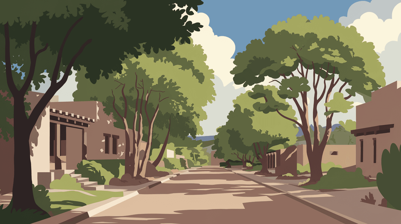 A quiet tree-lined street in the North Valley neighborhood of Albuquerque with mature cottonwood trees, adobe walls, and traditional New Mexican architecture in soft afternoon light