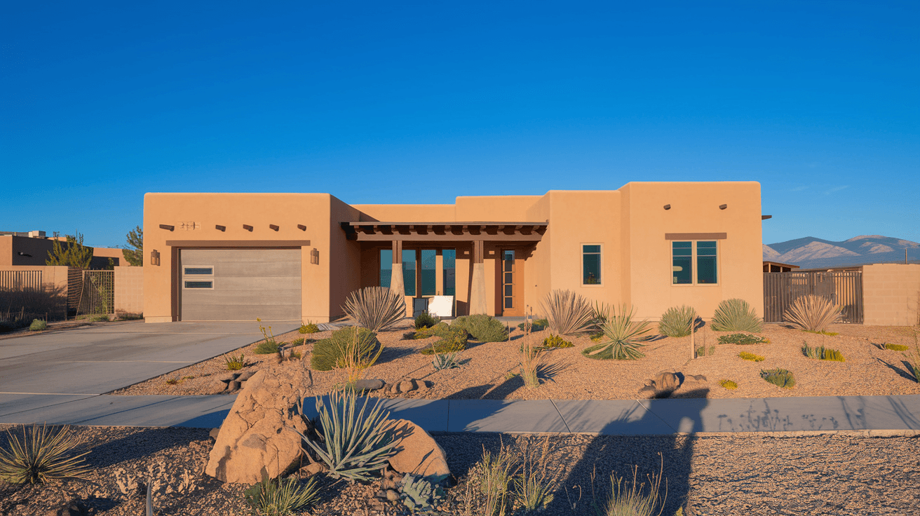 A modern single-level adobe home in Albuquerque's Northeast Heights with a xeriscaped front yard, territorial-style architecture, and the Sandia Mountains visible in the distance under a vivid blue sky
