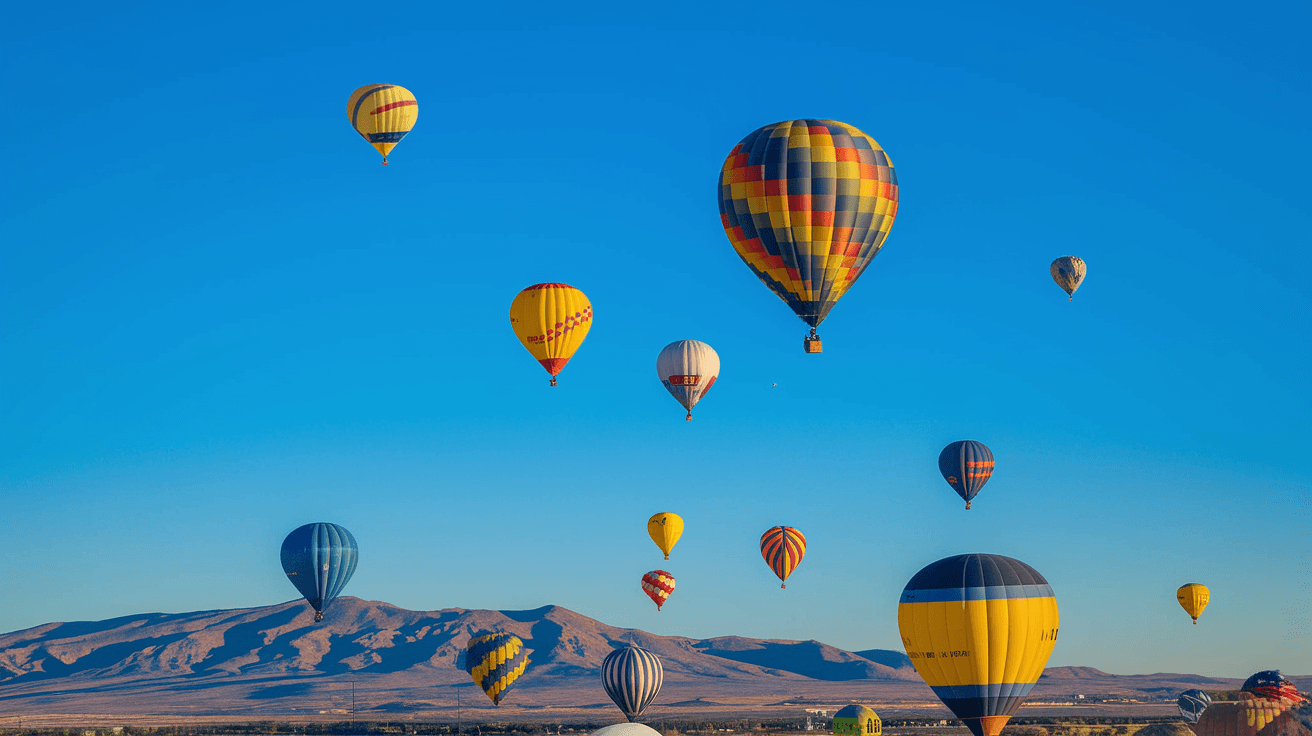 Morning hot air balloons lifting off at Albuquerque's Balloon Fiesta Park with dozens of colorful balloons against a vivid blue sky and the Sandia Mountains in the background