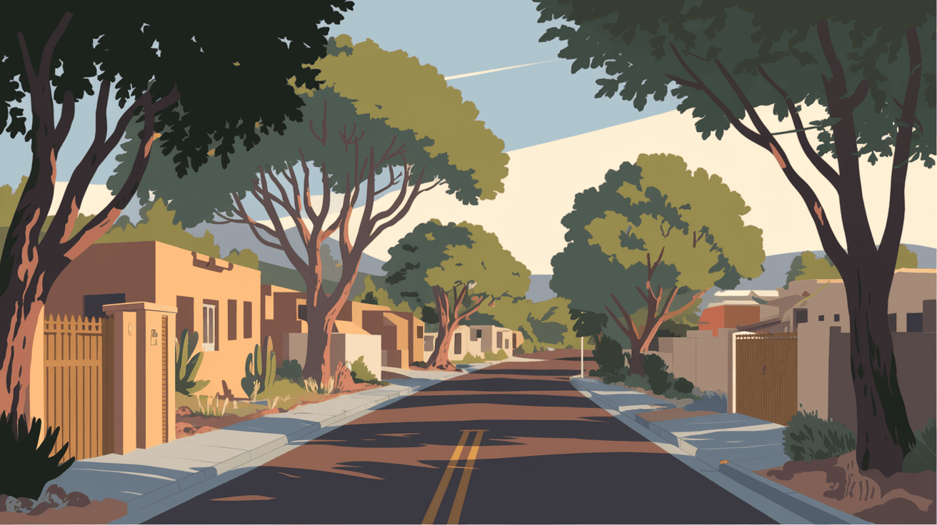 A quiet residential street in Albuquerque's North Valley lined with mature cottonwood trees, adobe-style homes with wooden gates and desert landscaping, late afternoon golden light filtering through the canopy