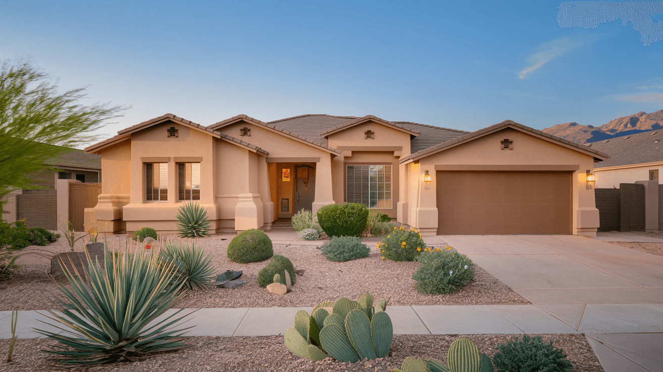 A well-maintained single-story stucco home in a Rio Rancho subdivision with desert landscaping, a two-car garage, and the Sandia Mountains in the far background