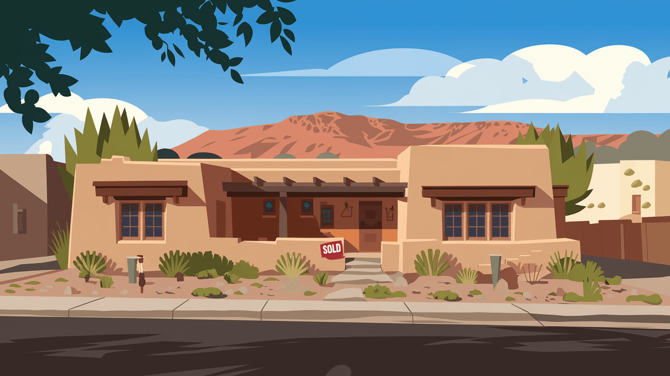 A warm adobe-style home exterior in an Albuquerque neighborhood with a sold sign in front, surrounded by high desert landscaping and the Sandia Mountains visible in the background