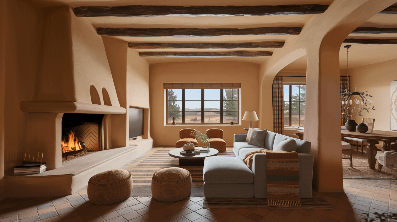 A beautifully staged Albuquerque home interior featuring a kiva fireplace, exposed wooden vigas, and warm Southwestern decor with natural light streaming through large windows