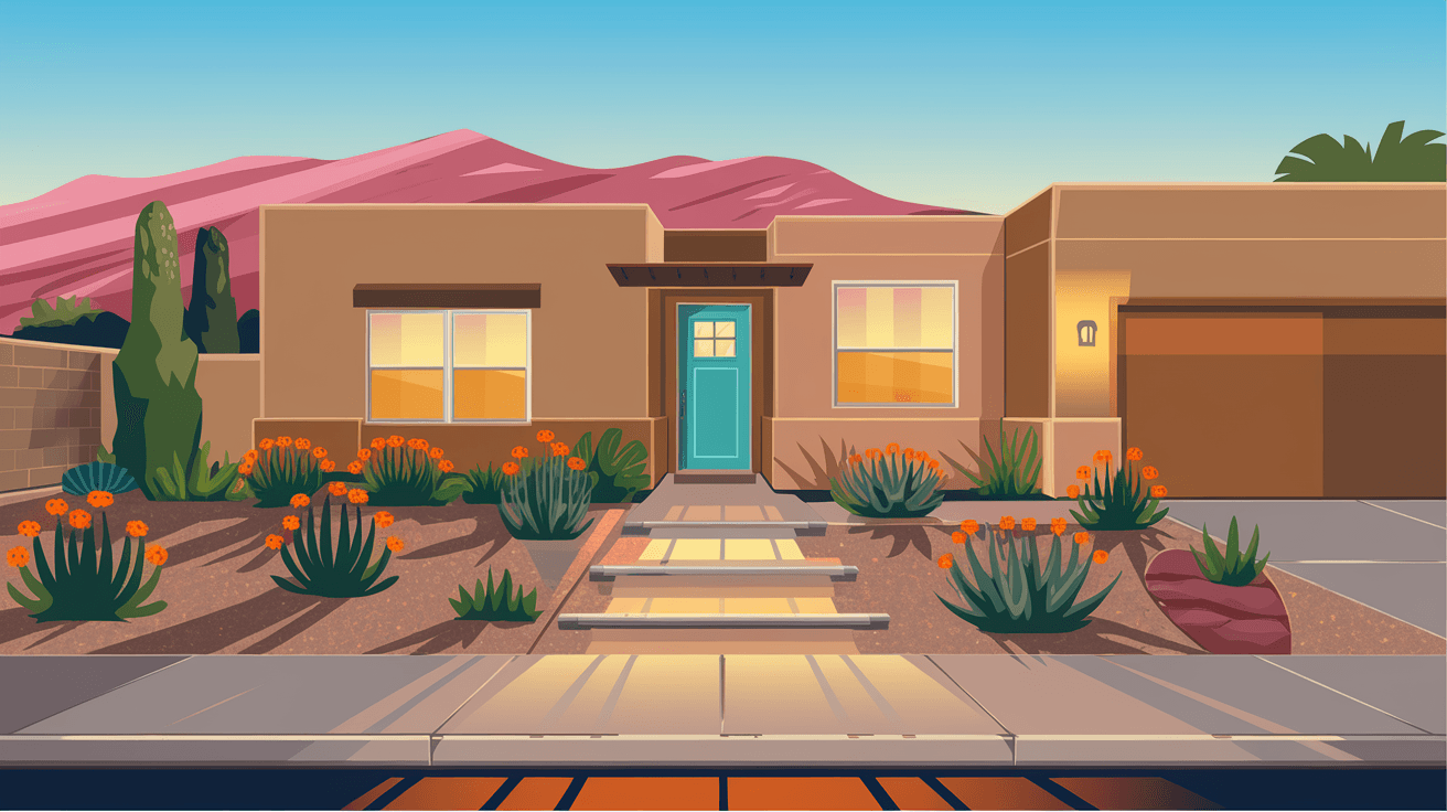 A freshly landscaped Albuquerque home exterior at golden hour with the Sandia Mountains glowing pink in the background, clean xeriscaping and a painted turquoise front door visible
