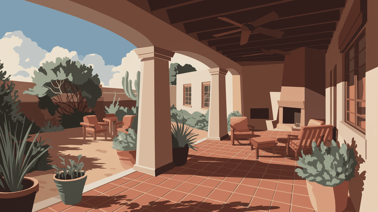 A staged Albuquerque home portal patio with terracotta tile, drought-tolerant potted plants, and wooden outdoor furniture overlooking a desert garden, late afternoon summer light