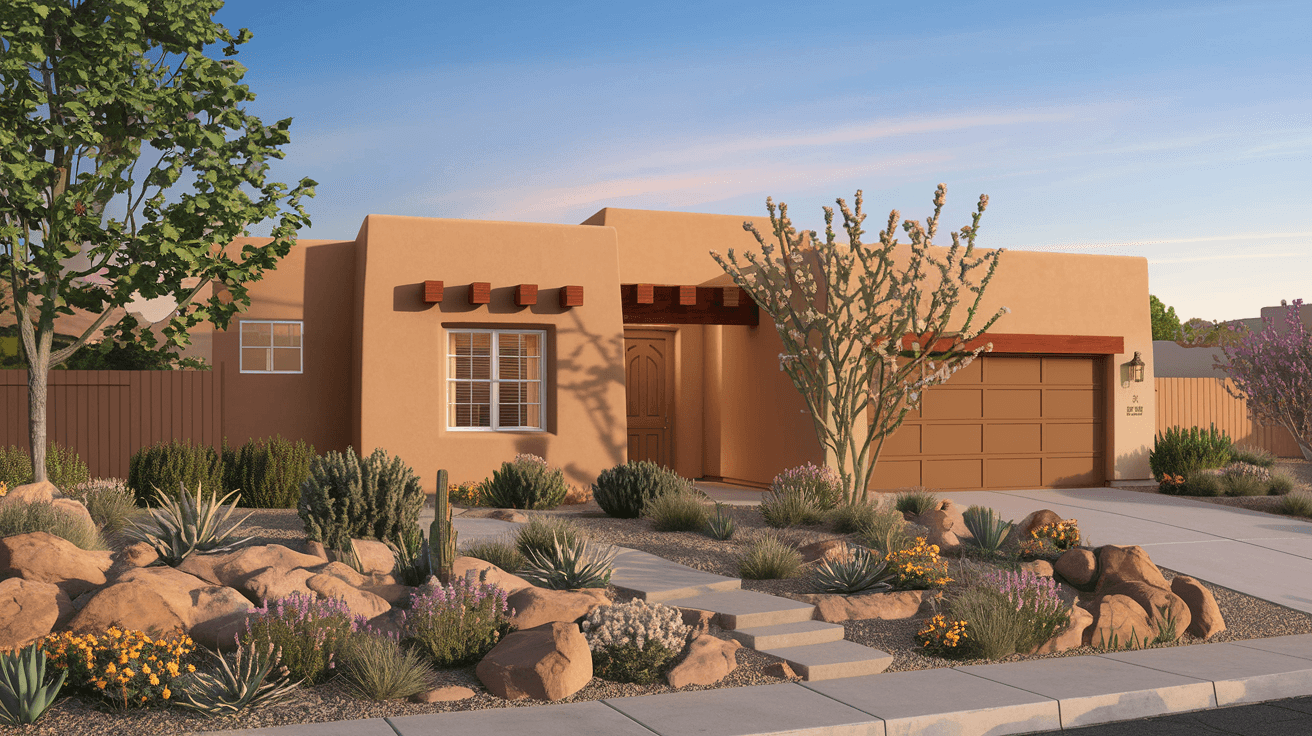 A charming Albuquerque home exterior in spring with a freshly landscaped xeriscape front yard, colorful desert flowers, and a warm adobe facade glowing in late afternoon sunlight