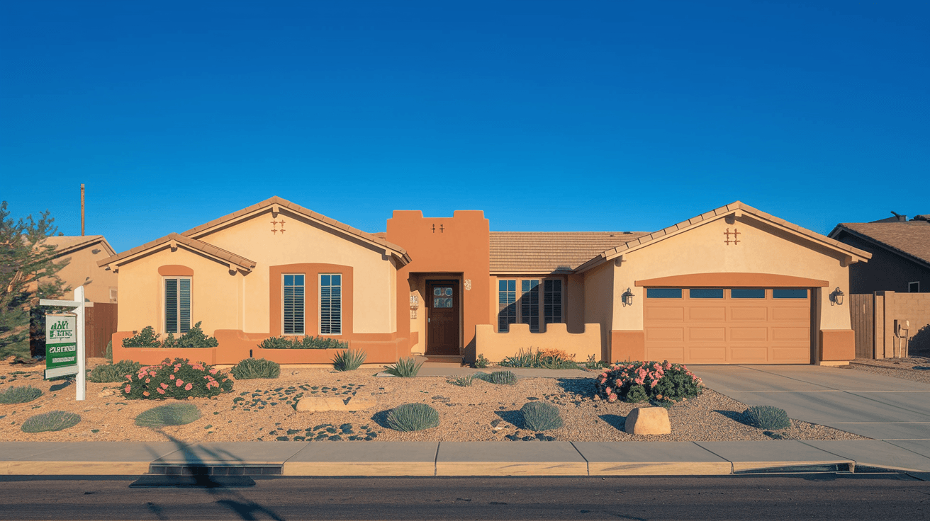 A recently updated kitchen inside a Northeast Heights Albuquerque home, featuring quartz countertops, stainless steel appliances, and warm natural light coming through a window facing the Sandia Mountains