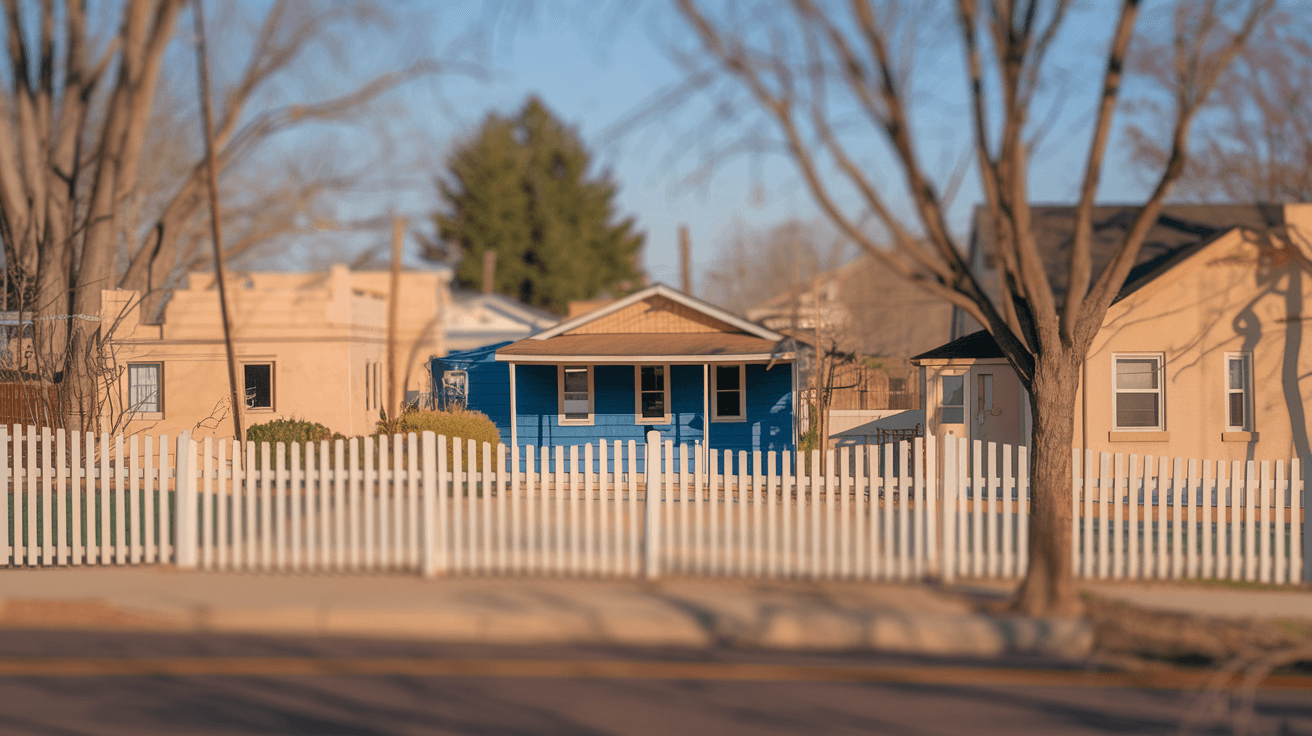 A well-staged Northeast Heights Albuquerque home exterior on a clear spring morning, with tidy desert landscaping, a freshly painted stucco facade, and a for-sale sign in the foreground against a blue sky