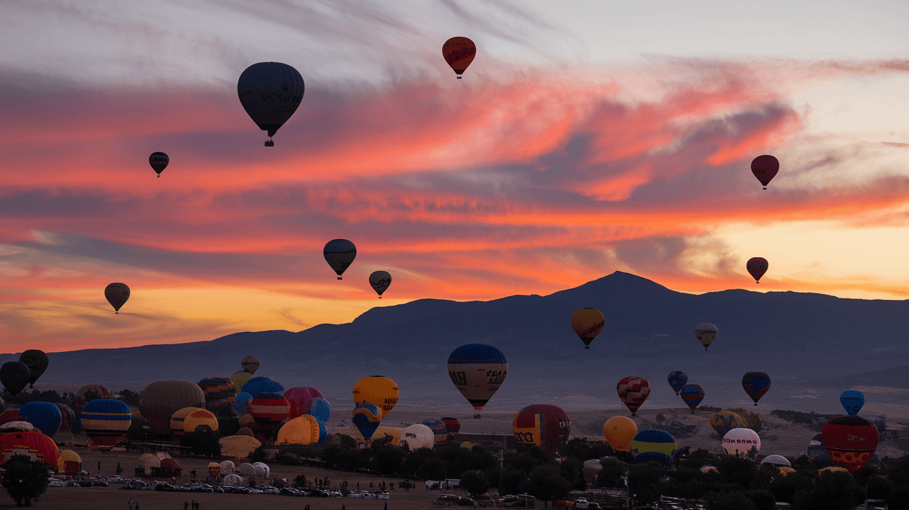 A sunrise view over Balloon Fiesta Park in Albuquerque with dozens of hot air balloons ascending against a vivid orange and pink sky, the Sandia Mountains silhouetted in the background
