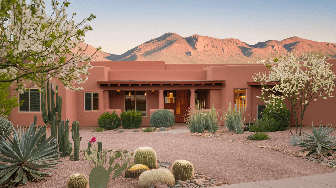 A well-staged Albuquerque adobe-style home exterior in May sunshine, with clean decomposed granite landscaping, blooming desert plants, and the Sandia Mountains visible in the background