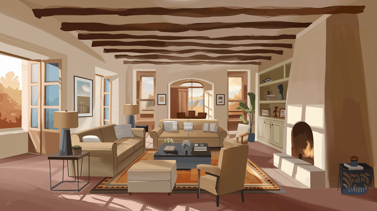 A bright, airy Albuquerque living room staged with neutral furnishings, exposed vigas on the ceiling, a kiva fireplace, and warm afternoon light streaming through open windows
