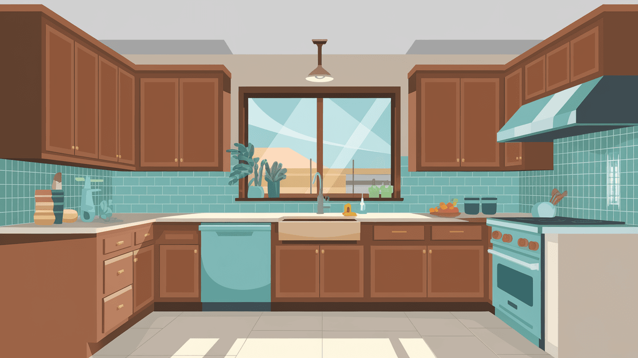 A clean, decluttered Albuquerque home kitchen with minimal countertop items, warm wood cabinets, a turquoise tile backsplash, and natural light streaming through a southwest-facing window