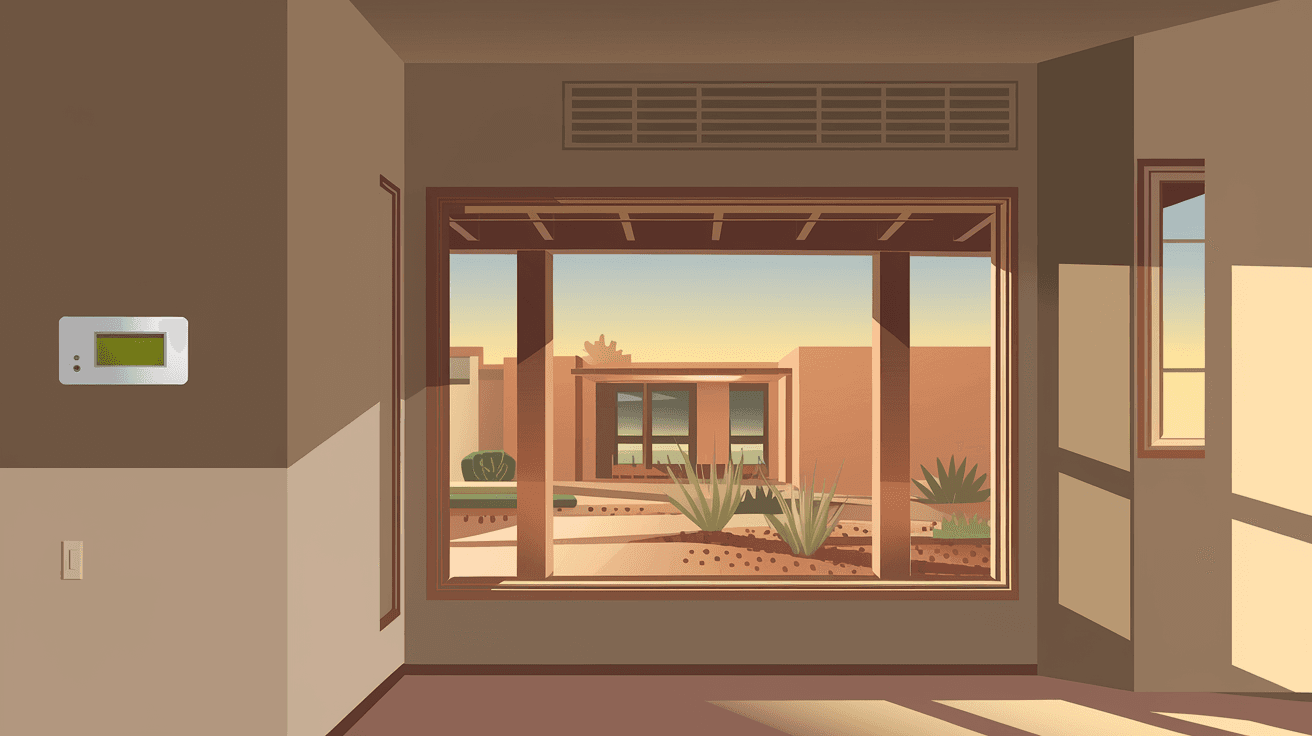 A modern Albuquerque living room interior with a wall-mounted thermostat and visible ceiling vents, warm afternoon light coming through a window with views of a xeriscape yard and desert landscaping