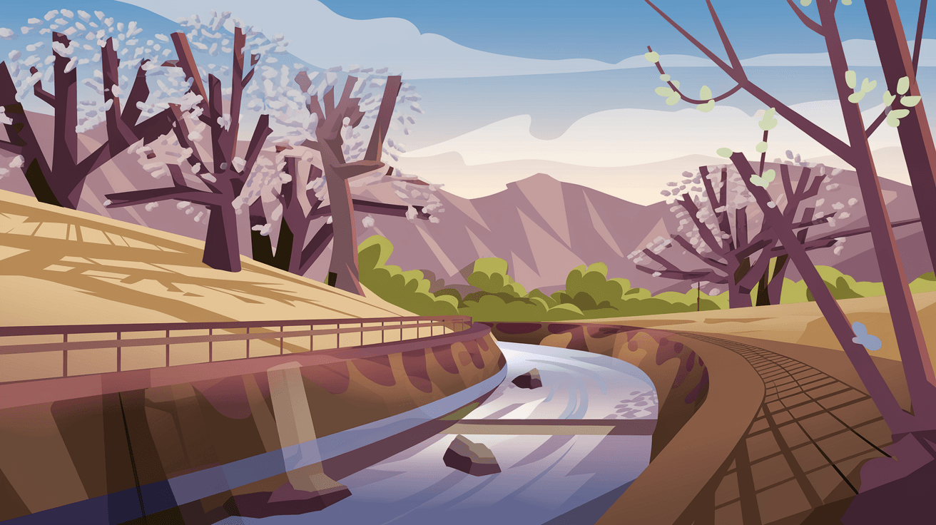 Wide-angle view of the Paseo del Bosque Trail in April, cottonwood trees budding along the Rio Grande with the Sandia Mountains visible in the background and no people in frame