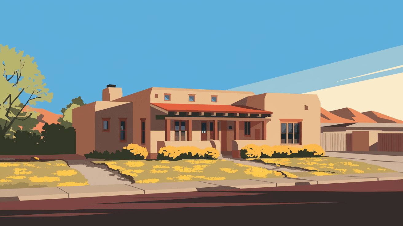 A sunlit adobe-style home in Albuquerque's Northeast Heights neighborhood with blooming desert landscaping in the front yard and the Sandia Mountains visible in the distance
