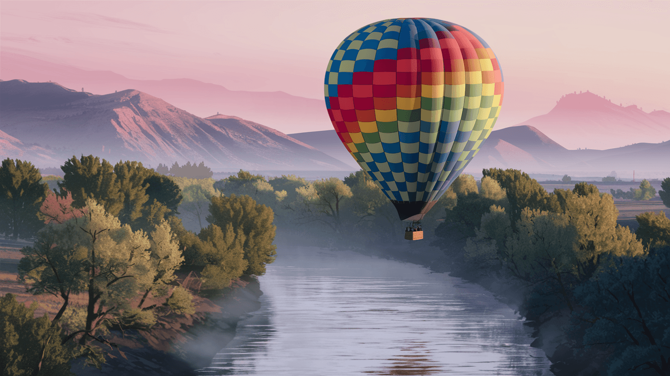 A colorful hot air balloon drifting low over the cottonwood trees along the Rio Grande at sunrise, with the Sandia Mountains glowing pink in the background and soft morning mist rising from the river