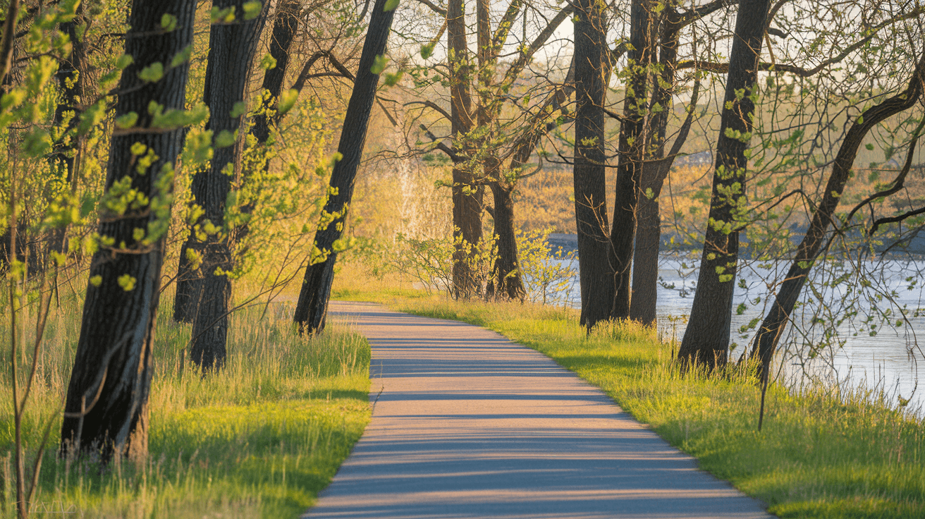 A sun-dappled paved trail through a cottonwood bosque forest along the Rio Grande in early spring, with fresh green leaves emerging on the trees and soft golden morning light filtering through the canopy