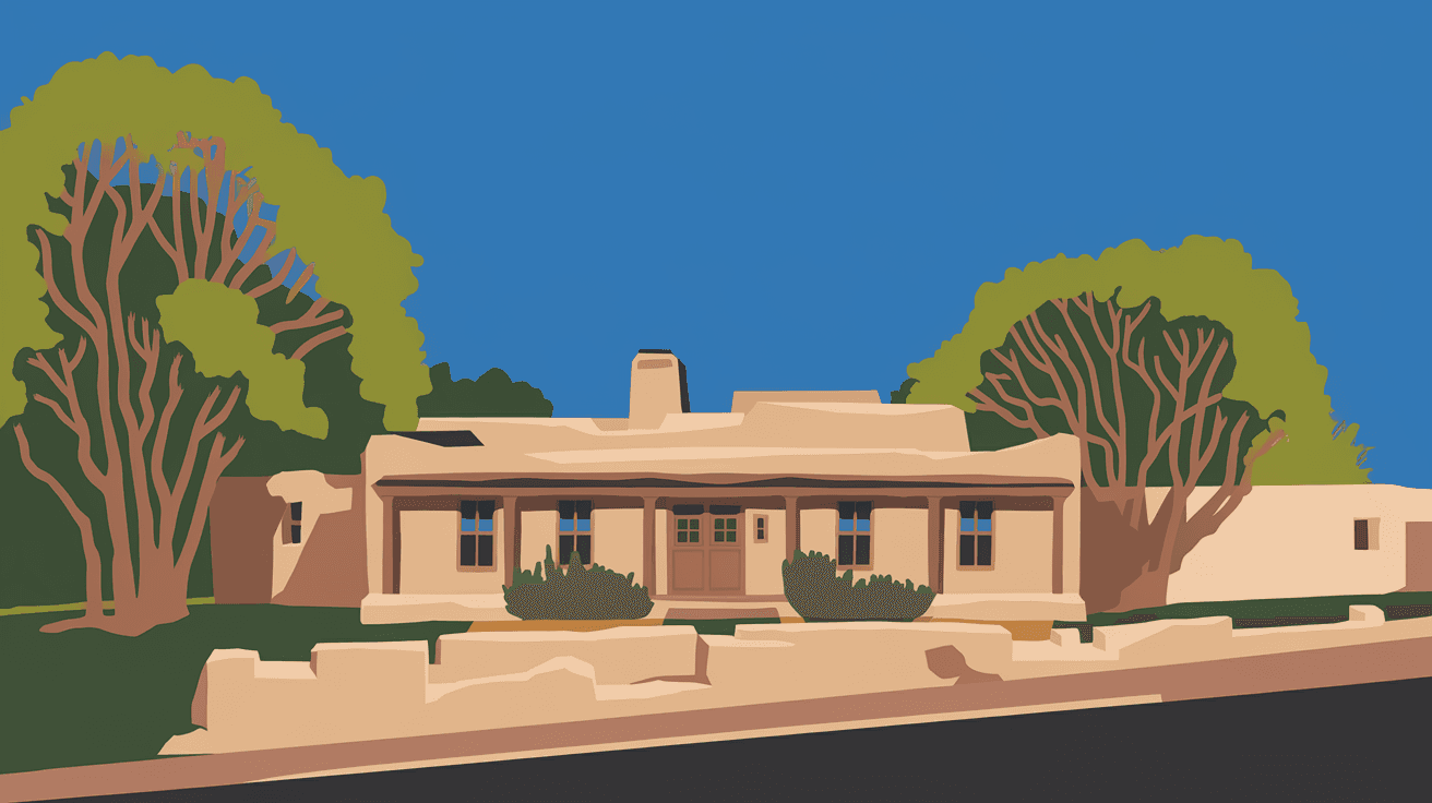 A classic North Valley adobe home with a wide front portal, mature cottonwood trees, and a traditional acequia irrigation ditch running alongside the property under a deep blue New Mexico summer sky