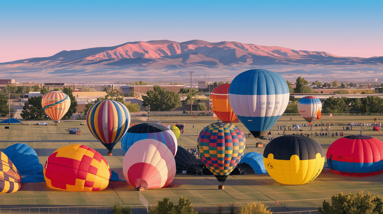 A wide-angle view of Balloon Fiesta Park at dawn with dozens of colorful hot air balloons in various stages of inflation on the field, the Sandia Mountains glowing pink in the early morning light