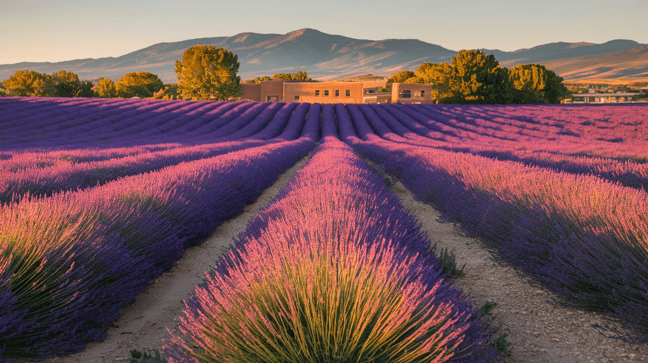 Golden morning light over the lavender fields at Los Poblanos in the North Valley, with the Sandia Mountains visible in the background and rows of purple blooms stretching toward an adobe farmhouse