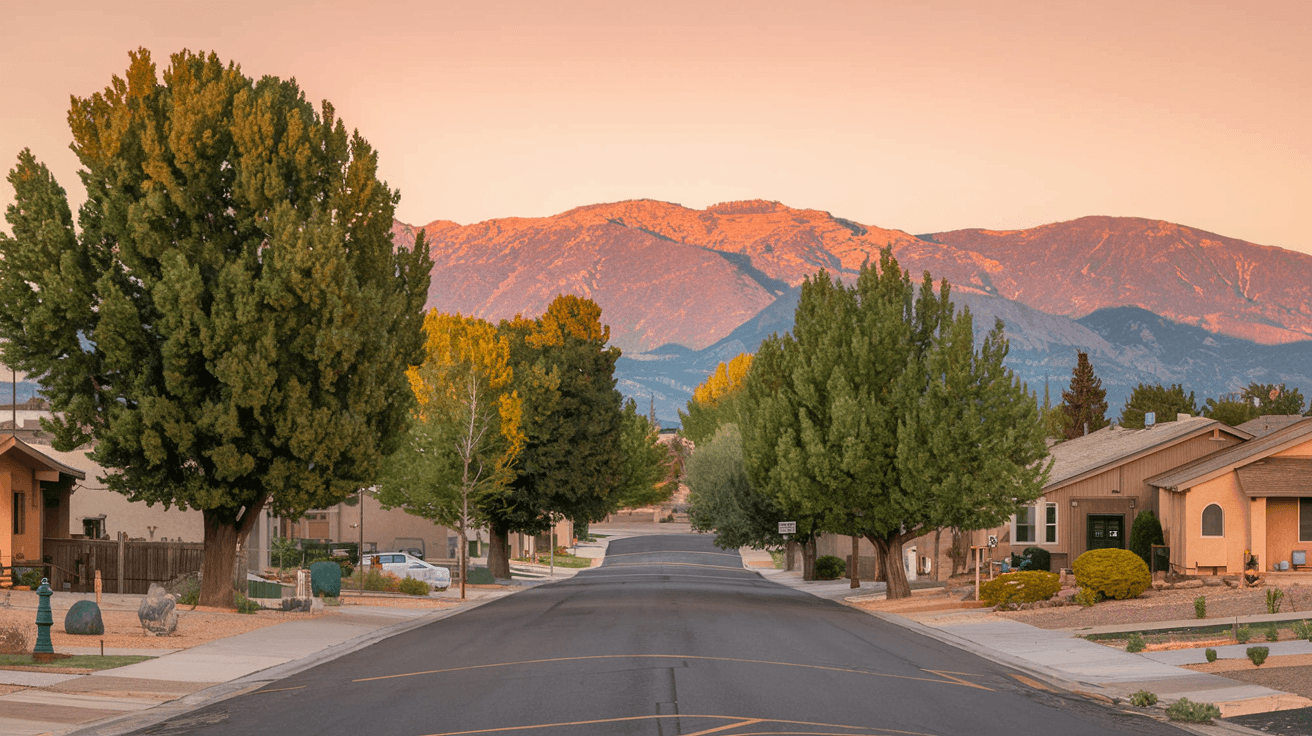 A warm, sunlit suburban street in a West Albuquerque neighborhood with mature trees, well-kept front yards, and the Sandia Mountains glowing at sunset in the background
