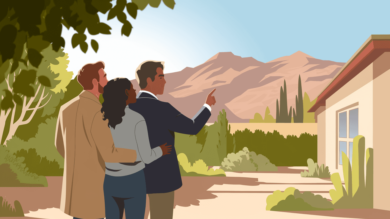 A couple viewing a home for sale in Albuquerque with a real estate agent, standing in a sunlit backyard with a view of the Sandia Mountains and mature desert landscaping