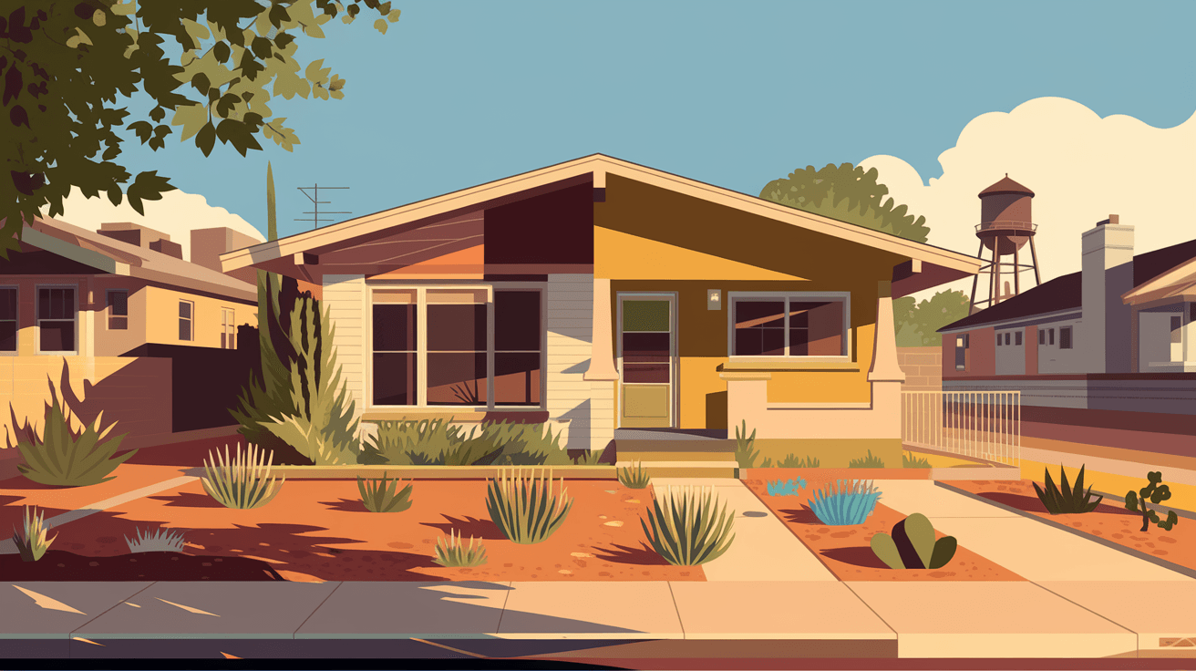 A renovated mid-century bungalow in Albuquerque's Barelas neighborhood with a freshly landscaped front yard, warm afternoon light, and the city's historic water tower visible in the distance