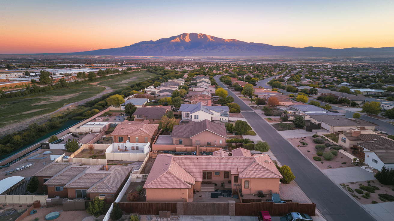 Aerial view of Albuquerque residential neighborhoods stretching toward the Sandia Mountains at golden hour, with the Rio Grande visible in the distance