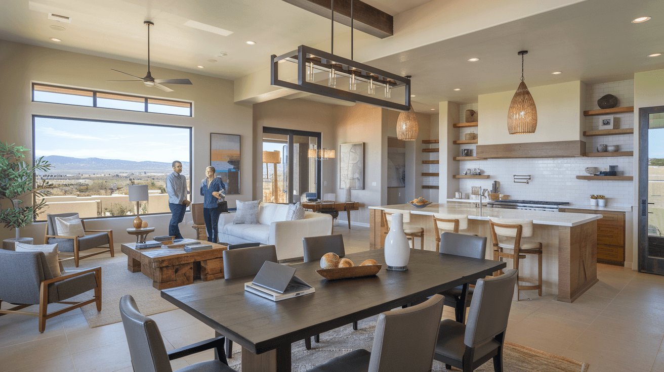 A couple reviewing documents with a real estate agent at a kitchen table inside a modern Albuquerque home, natural light coming through large windows