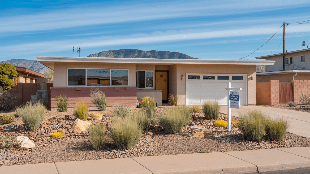A well-maintained mid-century ranch home in Albuquerque's Northeast Heights with a for-sale sign, xeriscaped front yard, and the Sandia Mountains visible in the background